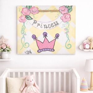Vintage 2002 Hand Painted Princess Canvas Wall Art CrownNursery Decor 20x16